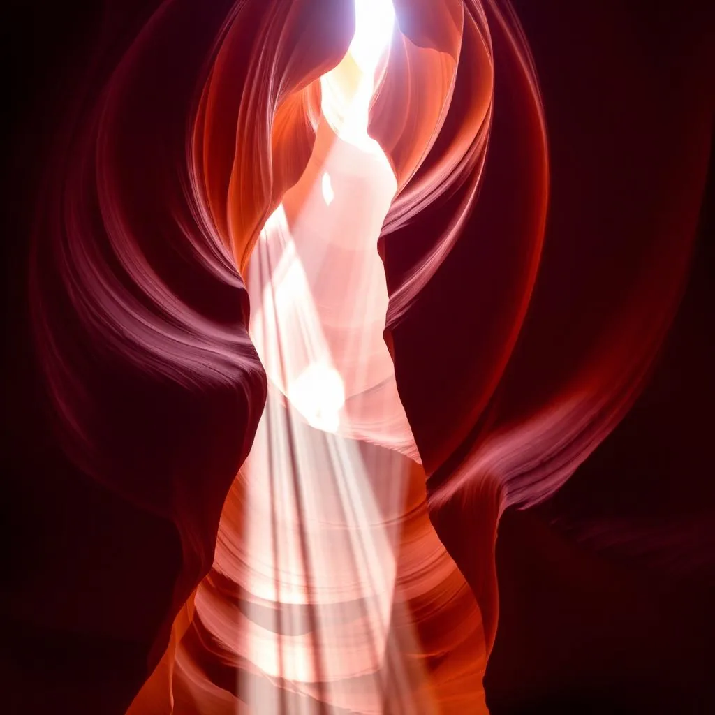 Sunbeam streaming down into the orange swirling walls of Antelope Canyon, Arizona