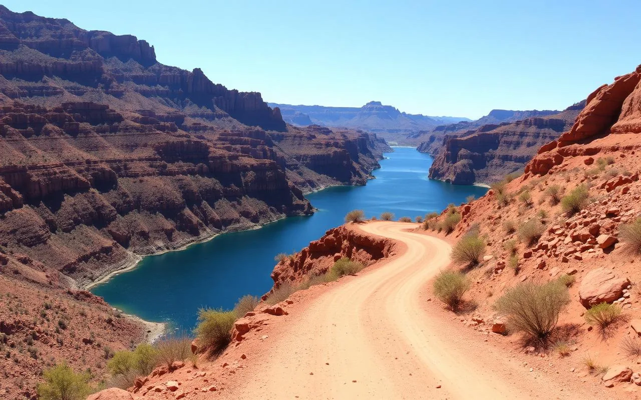 Red dirt section of the Apache Trail winding above Canyon Lake in Arizona