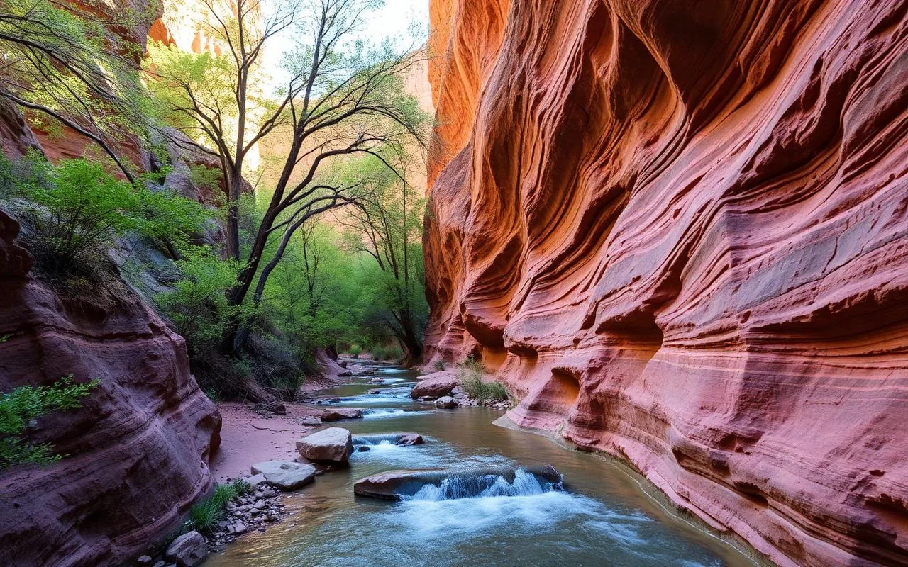 Aravaipa Canyon Wilderness, a narrow red sandstone canyon with a clear creek and cottonwood trees