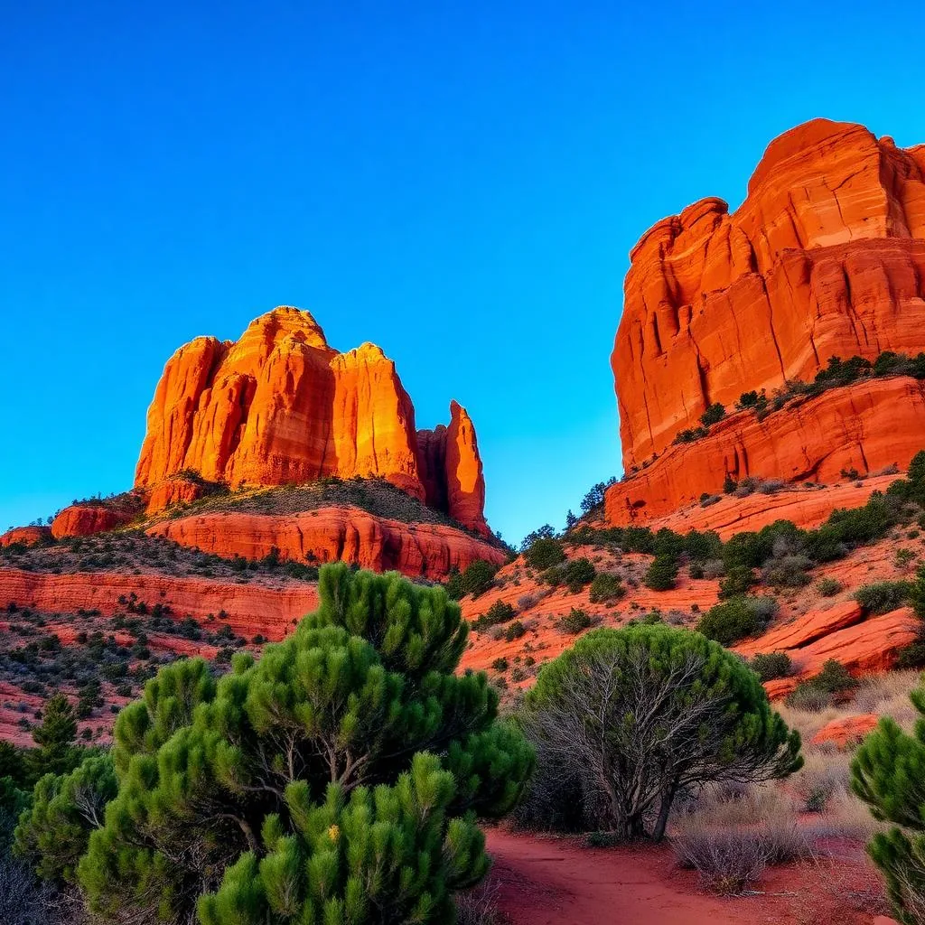 Bell Rock and Courthouse Butte in Sedona under a deep blue sky with juniper in the foreground