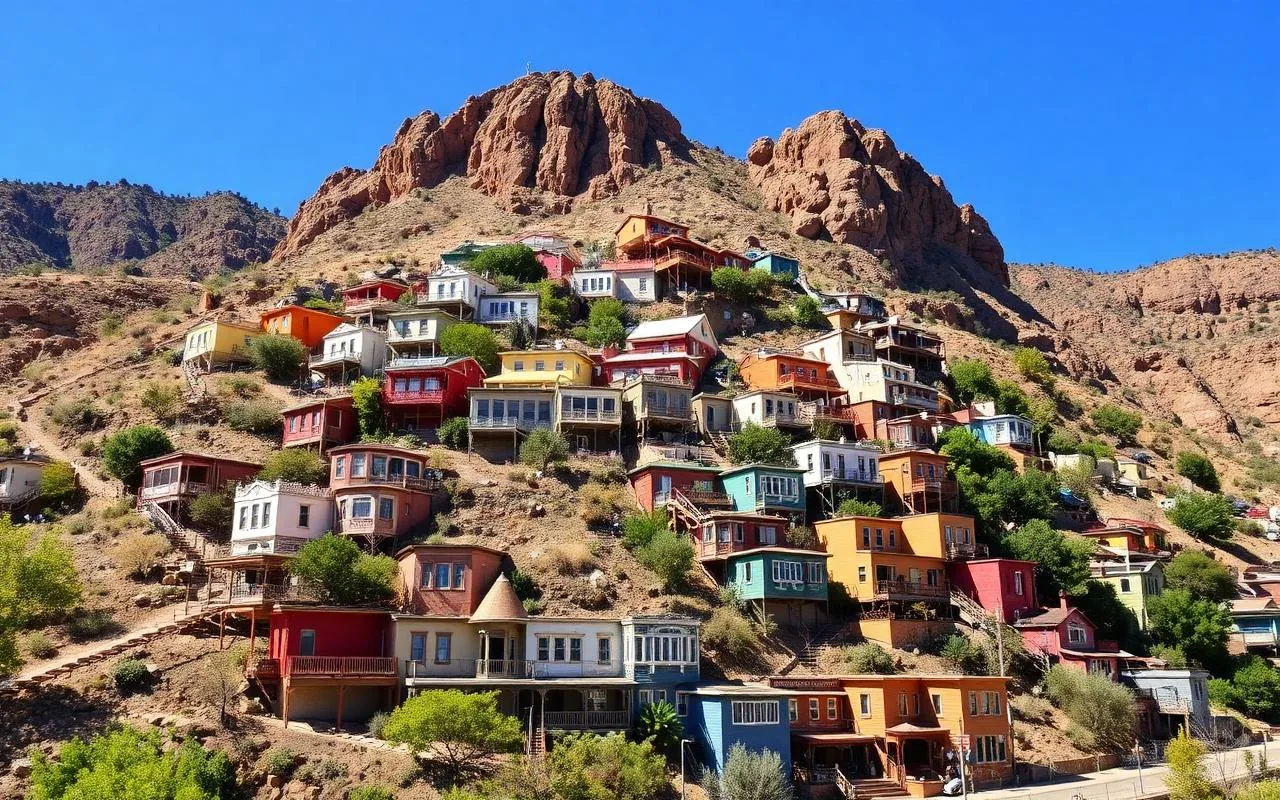 Colorful houses on the steep hillsides of historic Bisbee Arizona