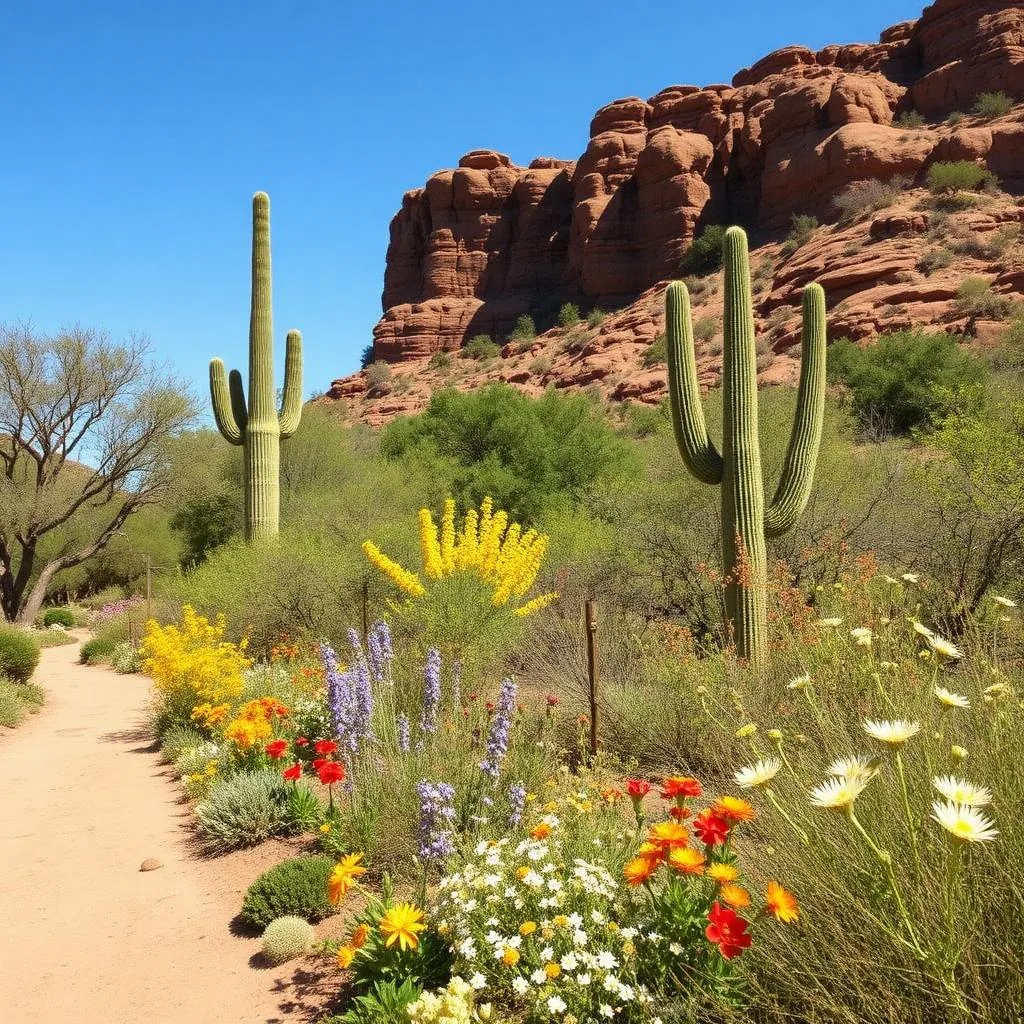 Path through Boyce Thompson Arboretum lined with blooming wildflowers and giant saguaro cacti below red rock cliffs in spring