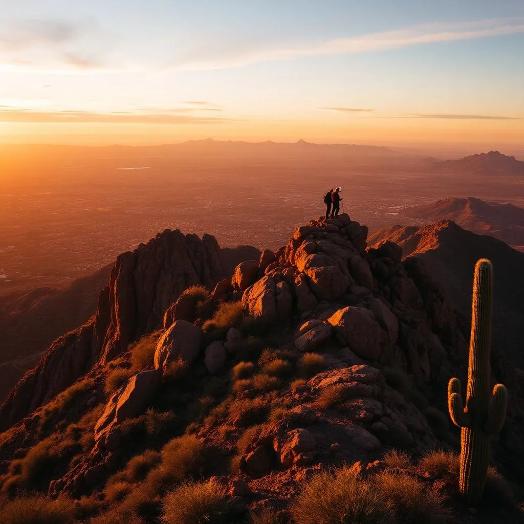 Two hikers silhouetted on the rocky red summit ridge of Camelback Mountain at golden hour with the Phoenix valley below