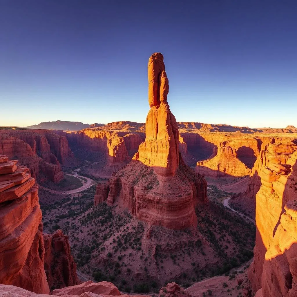 Spider Rock sandstone spire rising 800 feet from the floor of Canyon de Chelly at golden hour