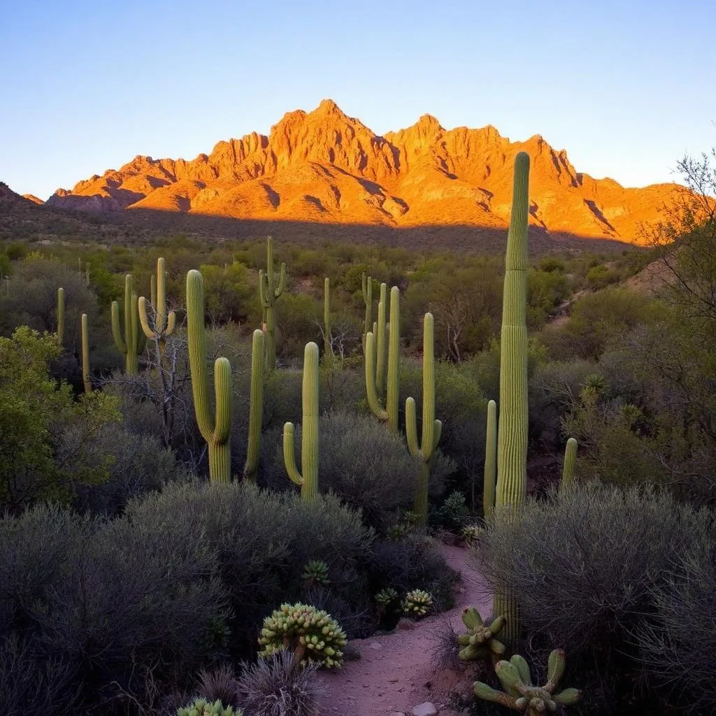 Dense saguaro forest at Catalina State Park with the Santa Catalina Mountains glowing at sunset