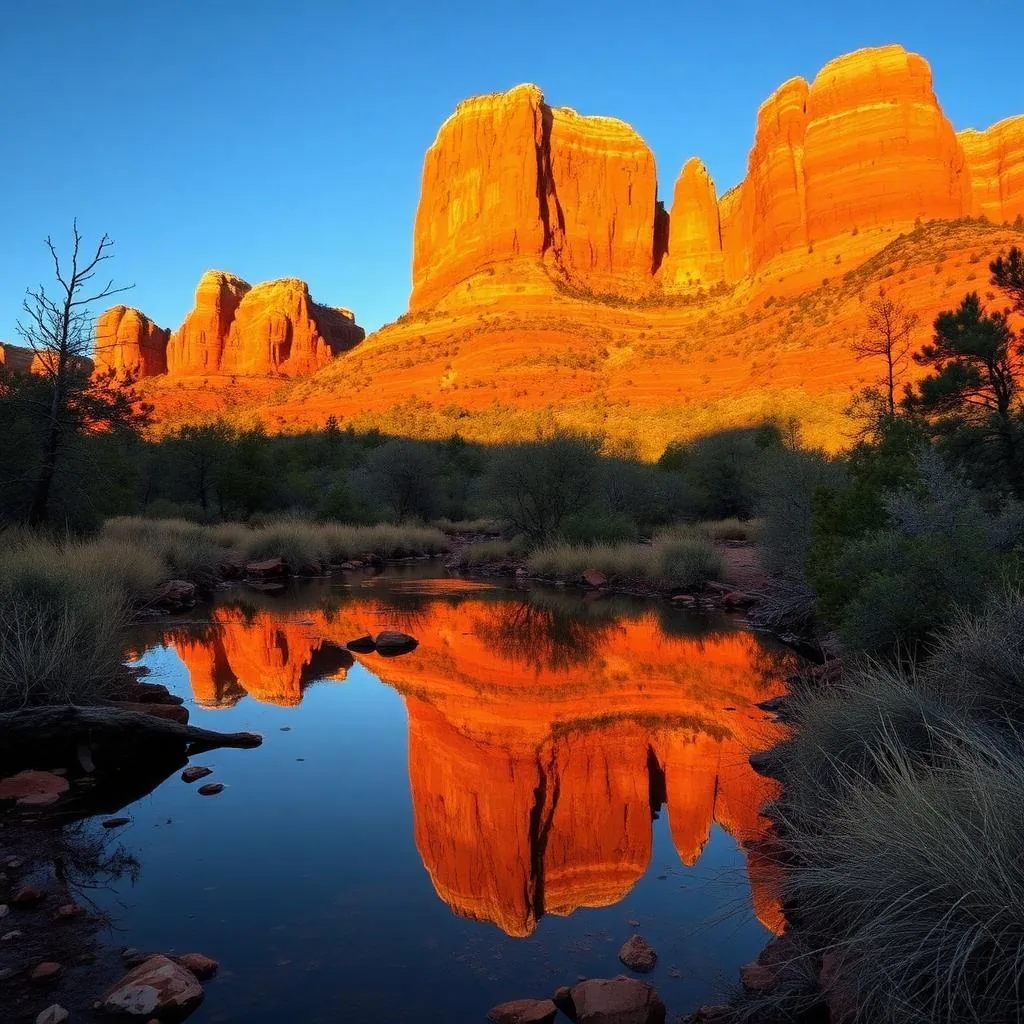 Cathedral Rock red sandstone spires reflecting in Oak Creek at golden hour with hikers silhouetted on the saddle