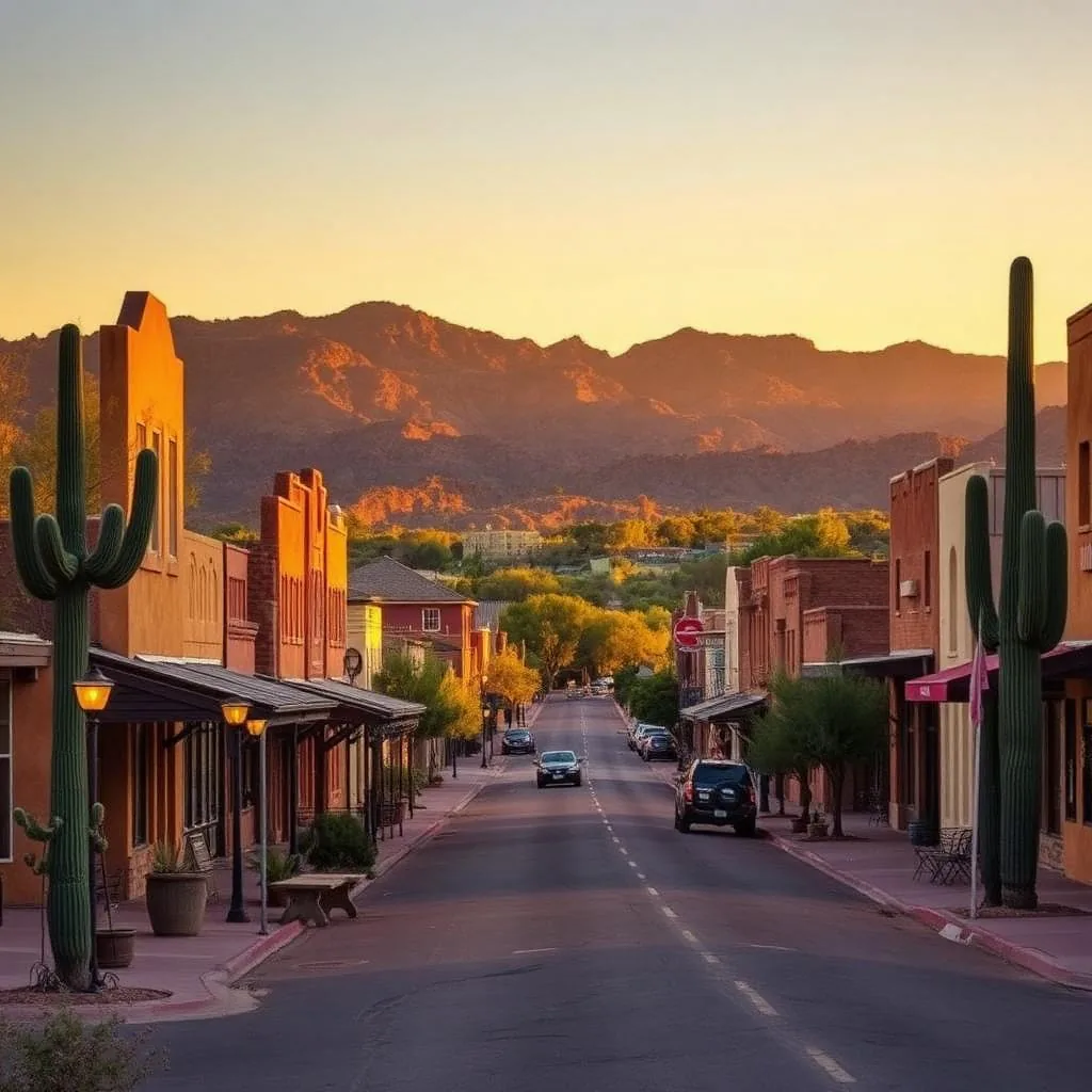 Western-style adobe main street in Cave Creek Arizona at golden hour with saguaro cacti and desert mountains in the background