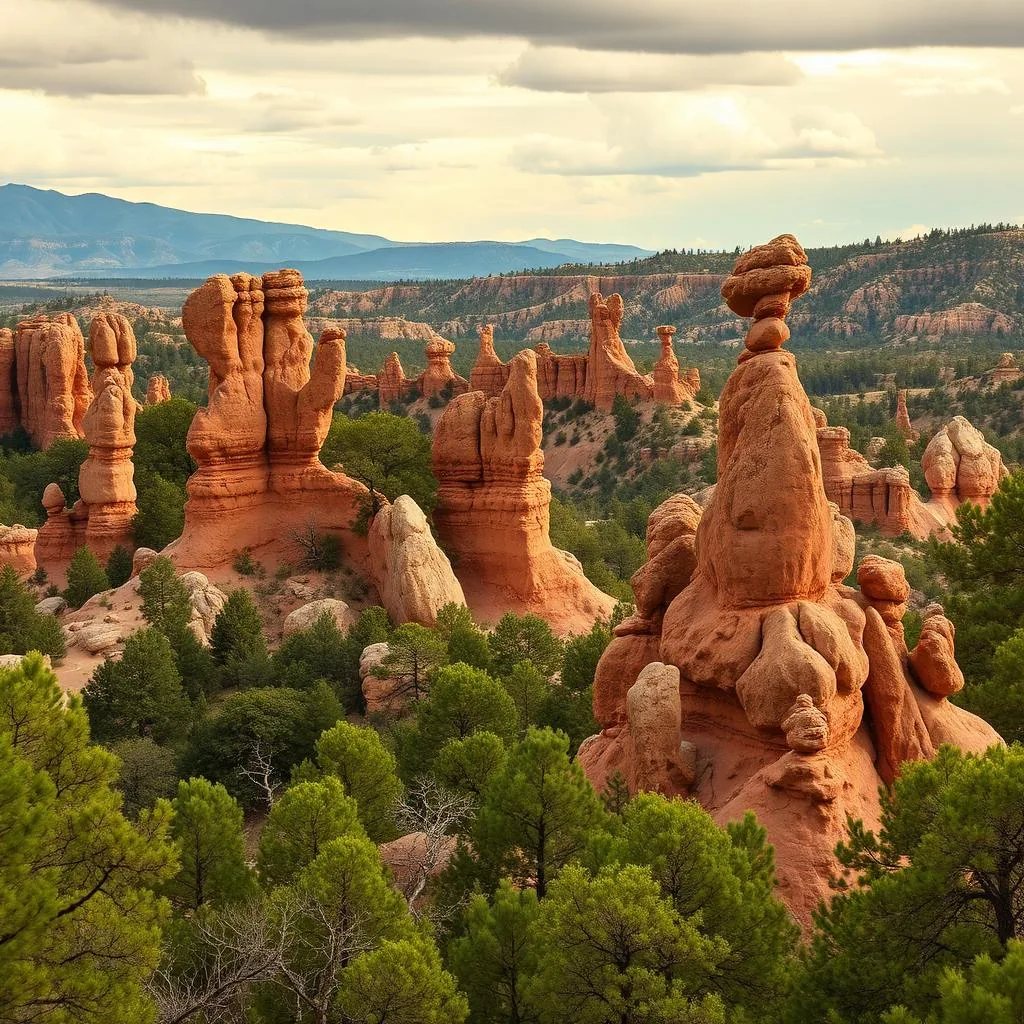 Hoodoo rock pinnacles and balanced rocks rising from a green pine forest at Chiricahua National Monument