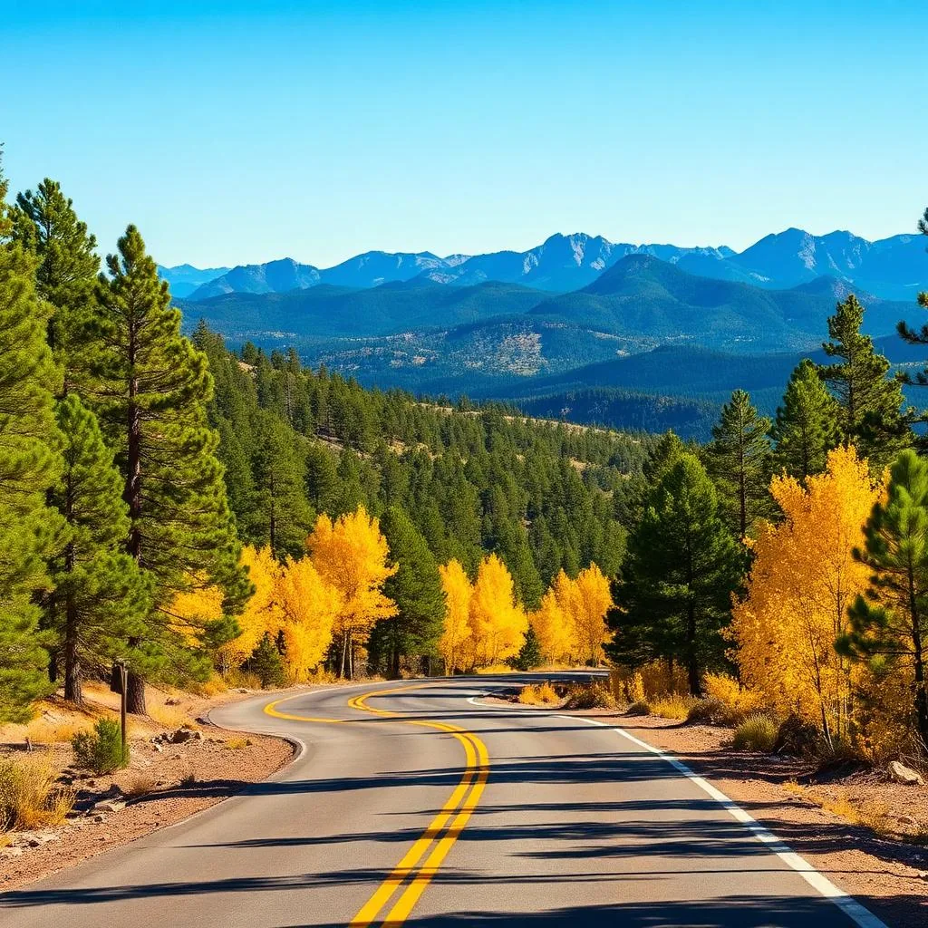 Mountain road on the Coronado Trail Scenic Byway with golden aspens and distant blue ridges