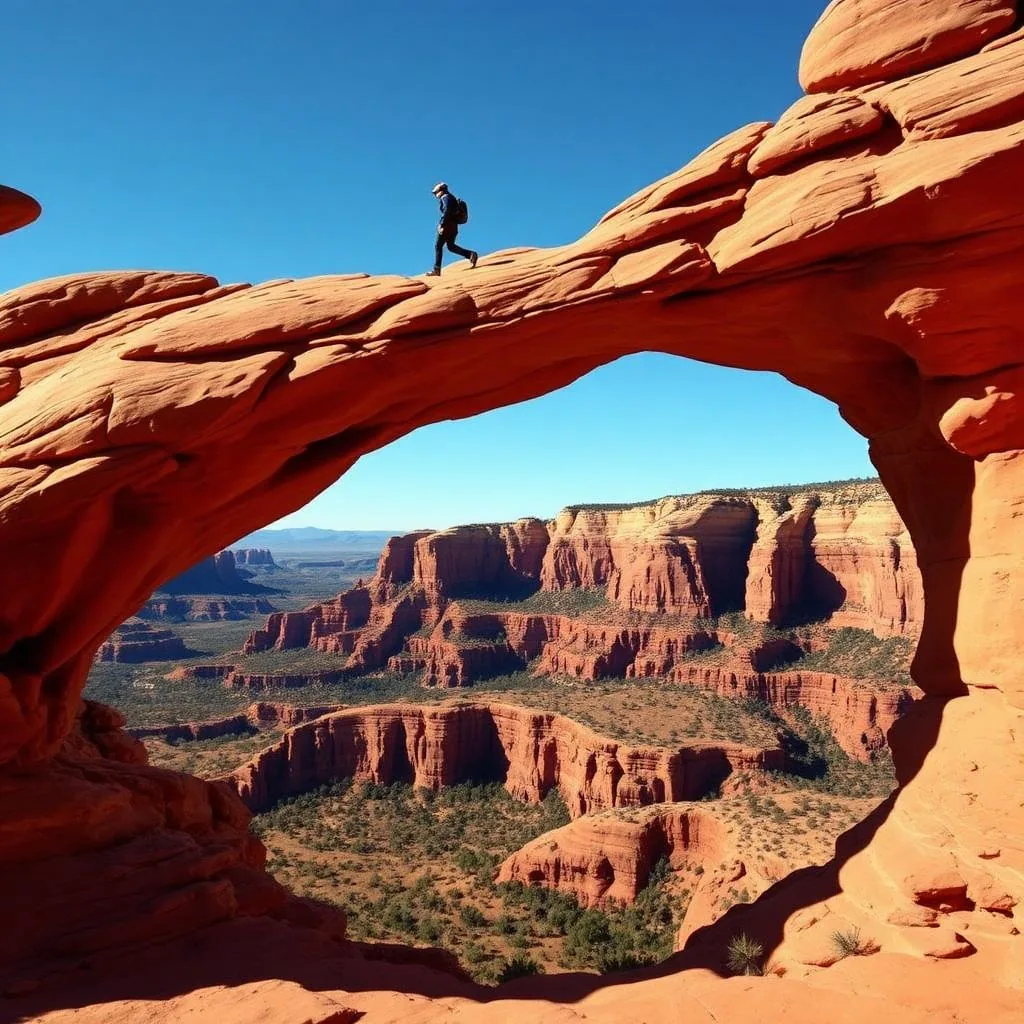Lone hiker standing on top of Devil's Bridge natural sandstone arch in Sedona with vast red rock canyon below