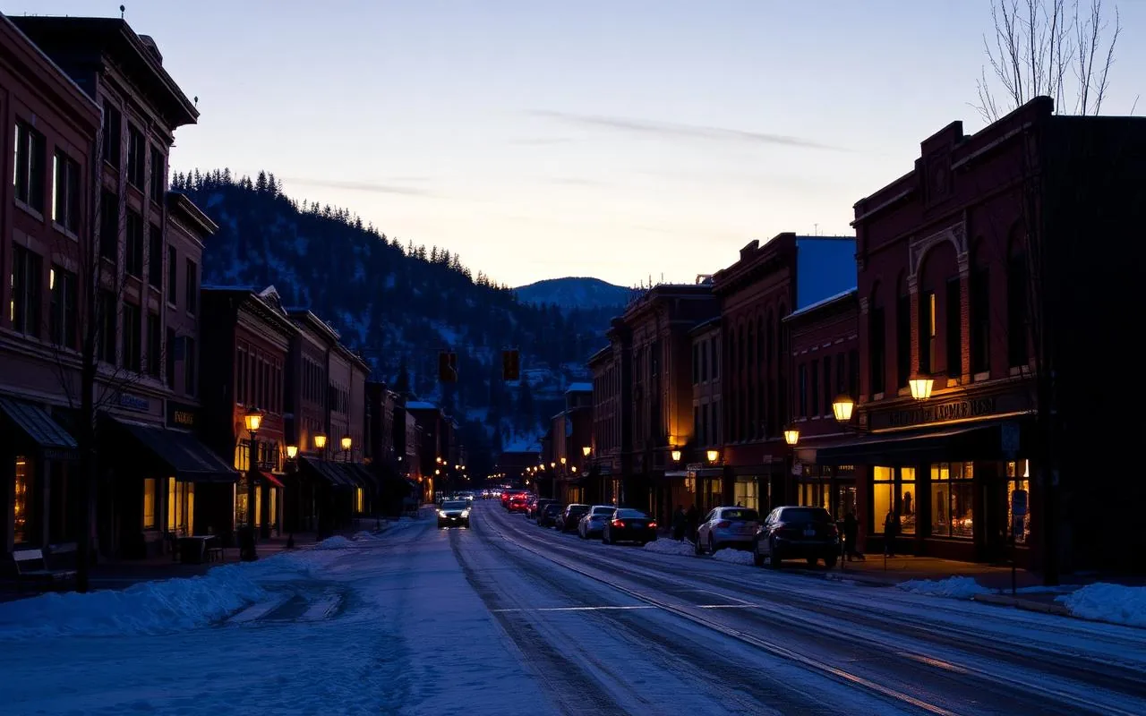 Snowy historic downtown Flagstaff Arizona at twilight with glowing storefronts