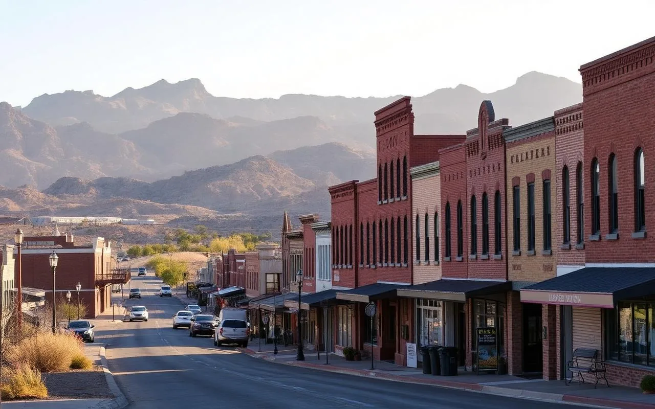 Historic brick downtown of Globe Arizona with copper-country mountains in the background