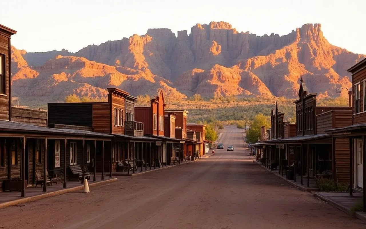 Goldfield Ghost Town at sunset with the Superstition Mountains glowing behind it