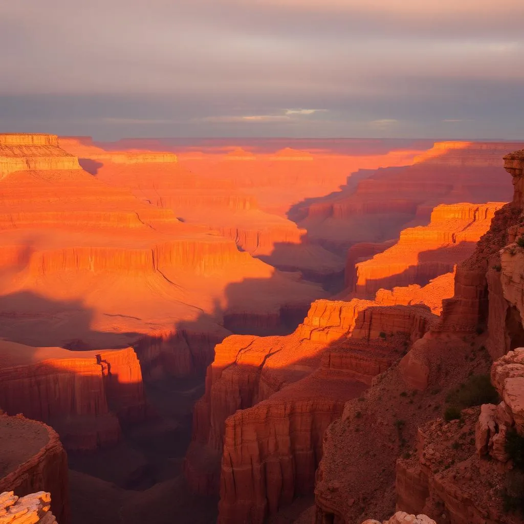Grand Canyon South Rim at golden hour with layered red and orange cliffs
