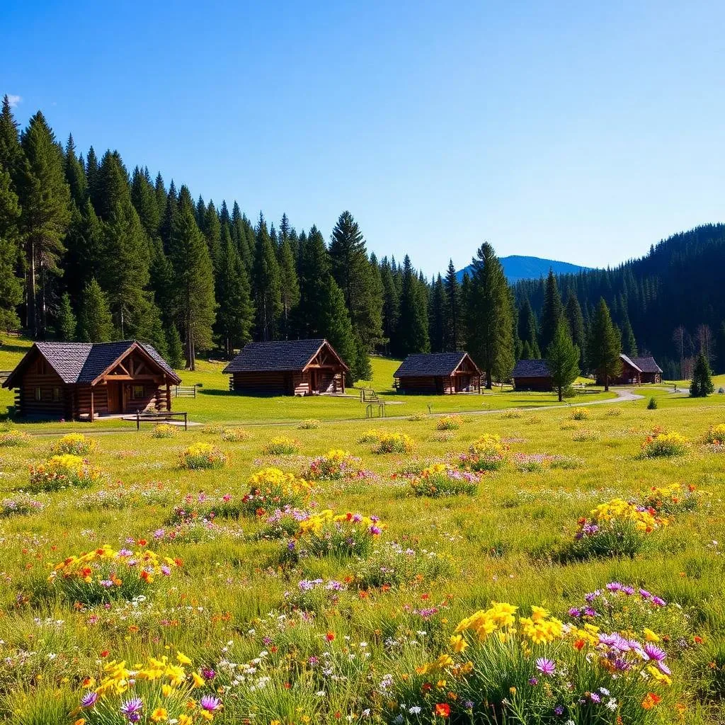 Log cabins on a wildflower meadow surrounded by spruce forest in Greer Arizona