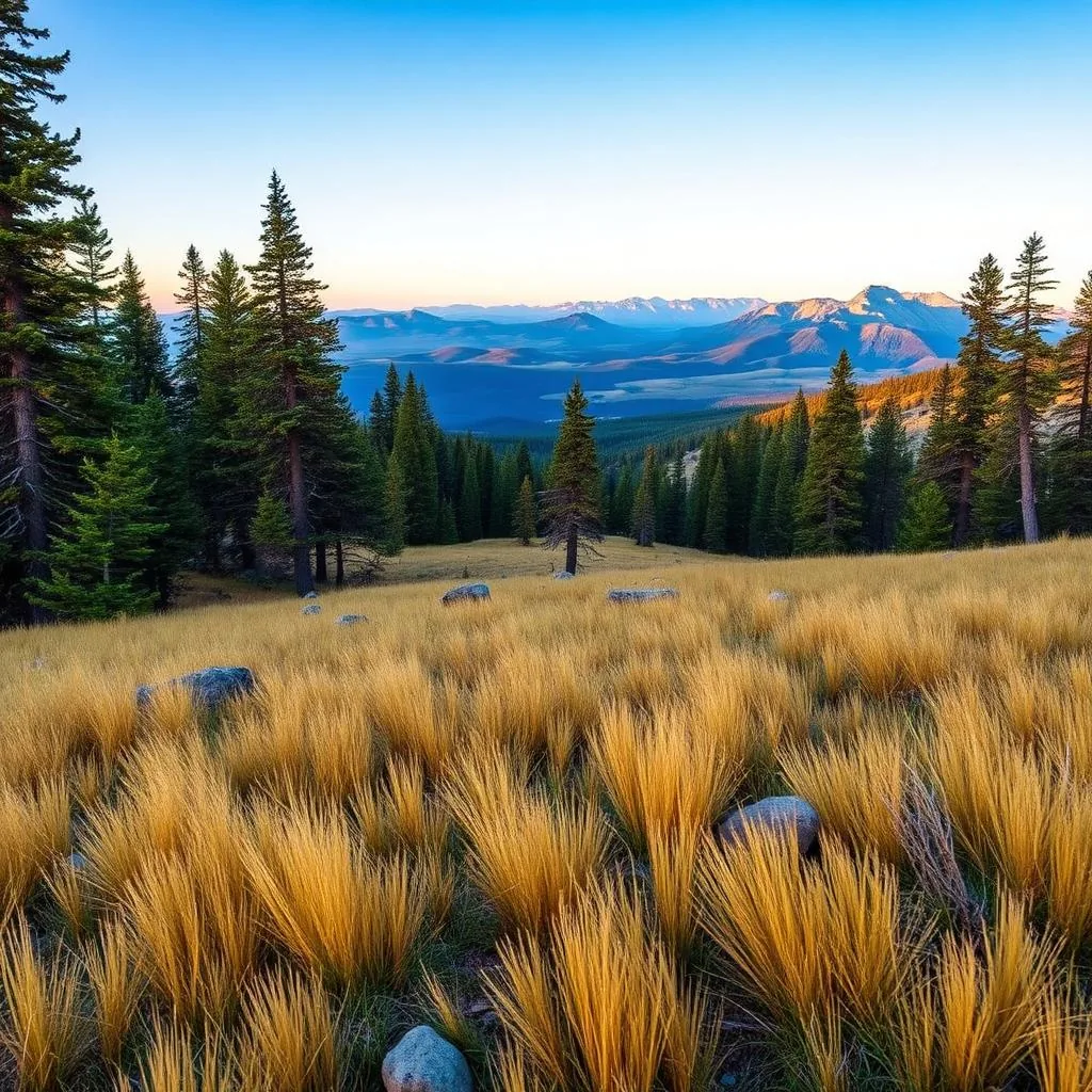 High mountain meadow at Hannagan Meadow with golden grass, spruce and aspen forest, and distant peaks