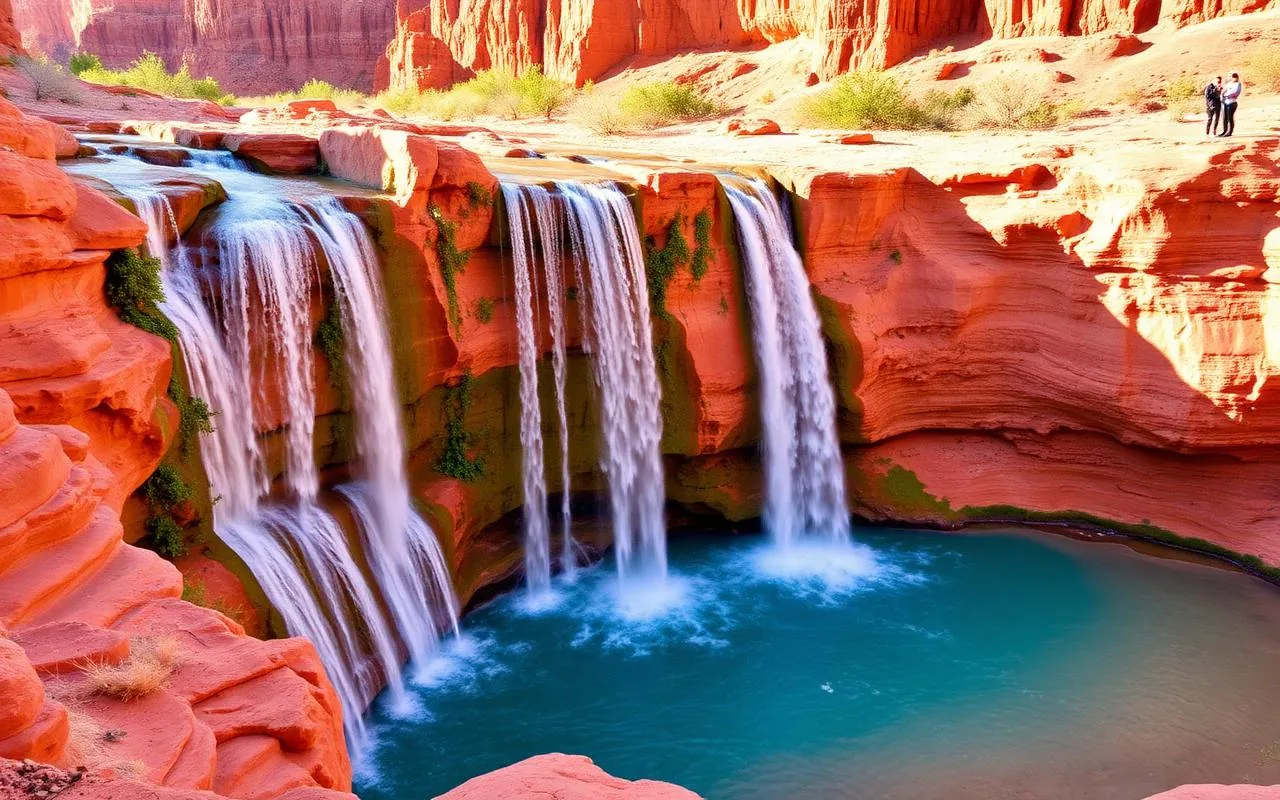 Turquoise Havasu Falls cascading over red cliffs into a blue pool in Arizona
