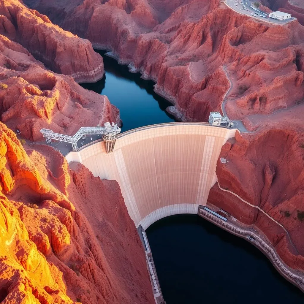 Aerial view of Hoover Dam's concrete arch wall with Lake Mead behind it at golden hour