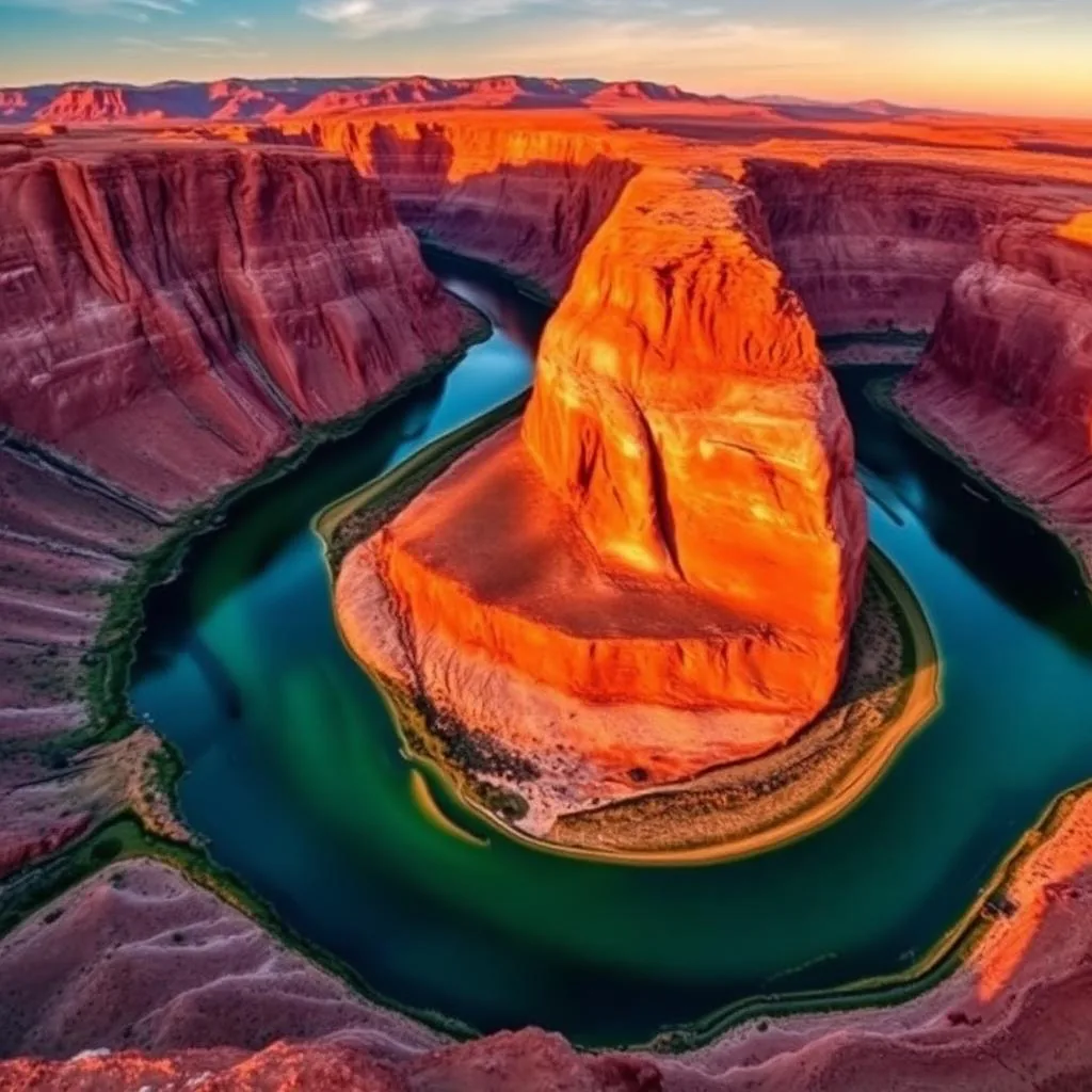 Aerial view of the Colorado River curving 270 degrees around a red sandstone fin at Horseshoe Bend, Arizona