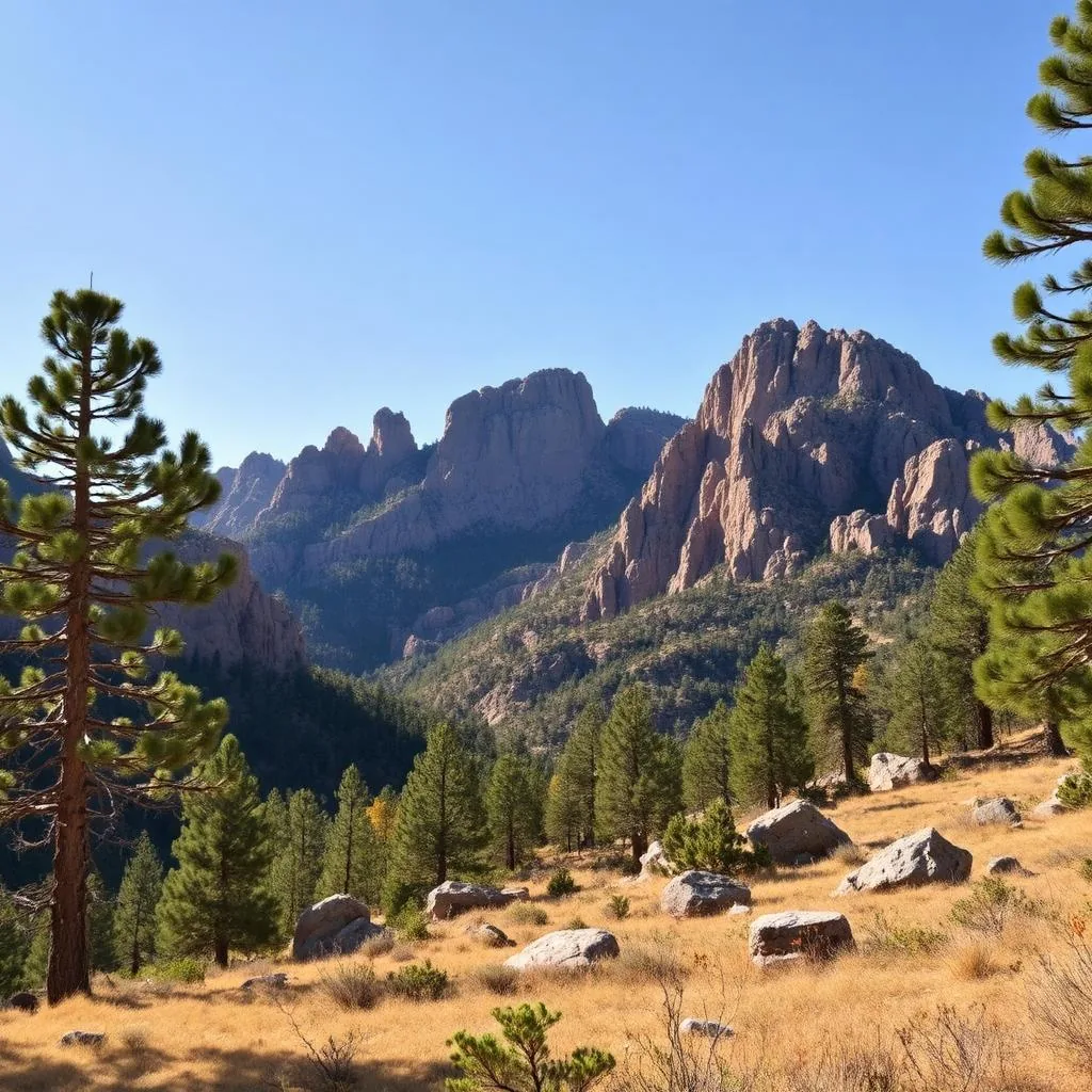 Granite peaks of the Hualapai Mountains rising above ponderosa pine forest near Kingman Arizona