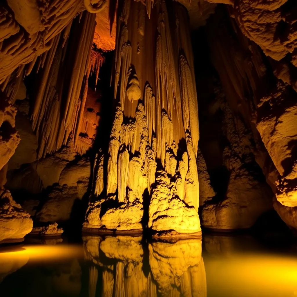 Massive limestone stalactites and stalagmites lit by warm amber light in Kartchner Caverns Arizona reflecting in a still pool