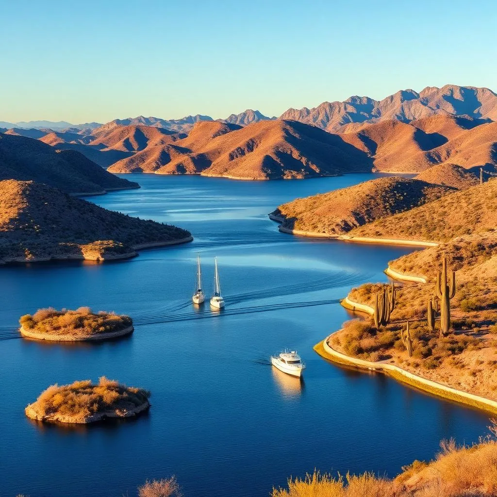 Blue water of Lake Pleasant surrounded by saguaro-studded desert hills with sailboats