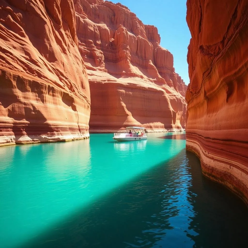 Turquoise water of Lake Powell flowing between tall red sandstone canyon walls with a small boat