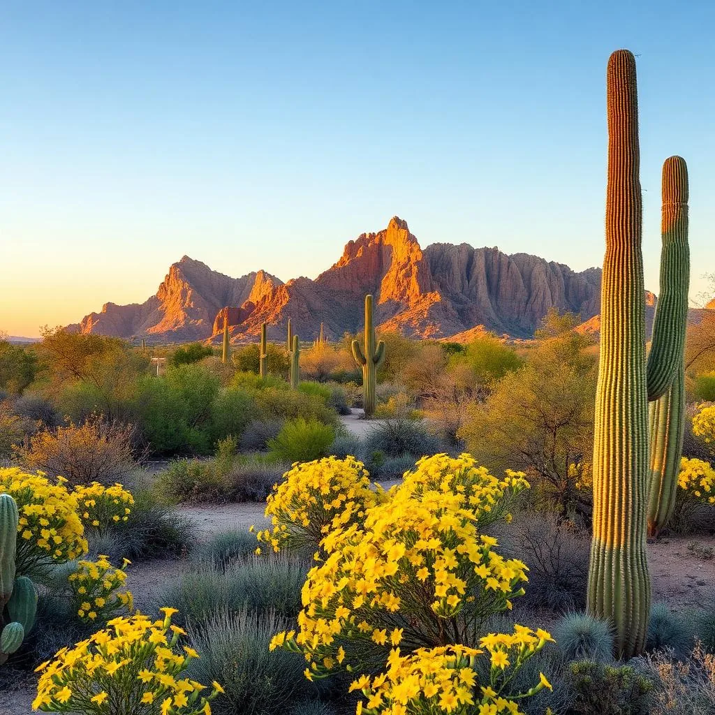 Superstition Mountains rising above blooming Sonoran desert with saguaro and brittlebush at Lost Dutchman State Park