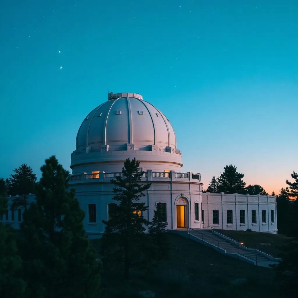 Historic white-domed Clark Telescope at Lowell Observatory in Flagstaff at twilight with stars appearing