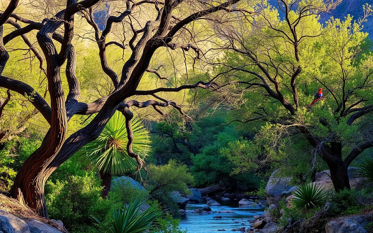 Madera Canyon in the Santa Rita Mountains, a riparian woodland with a colorful bird in the trees