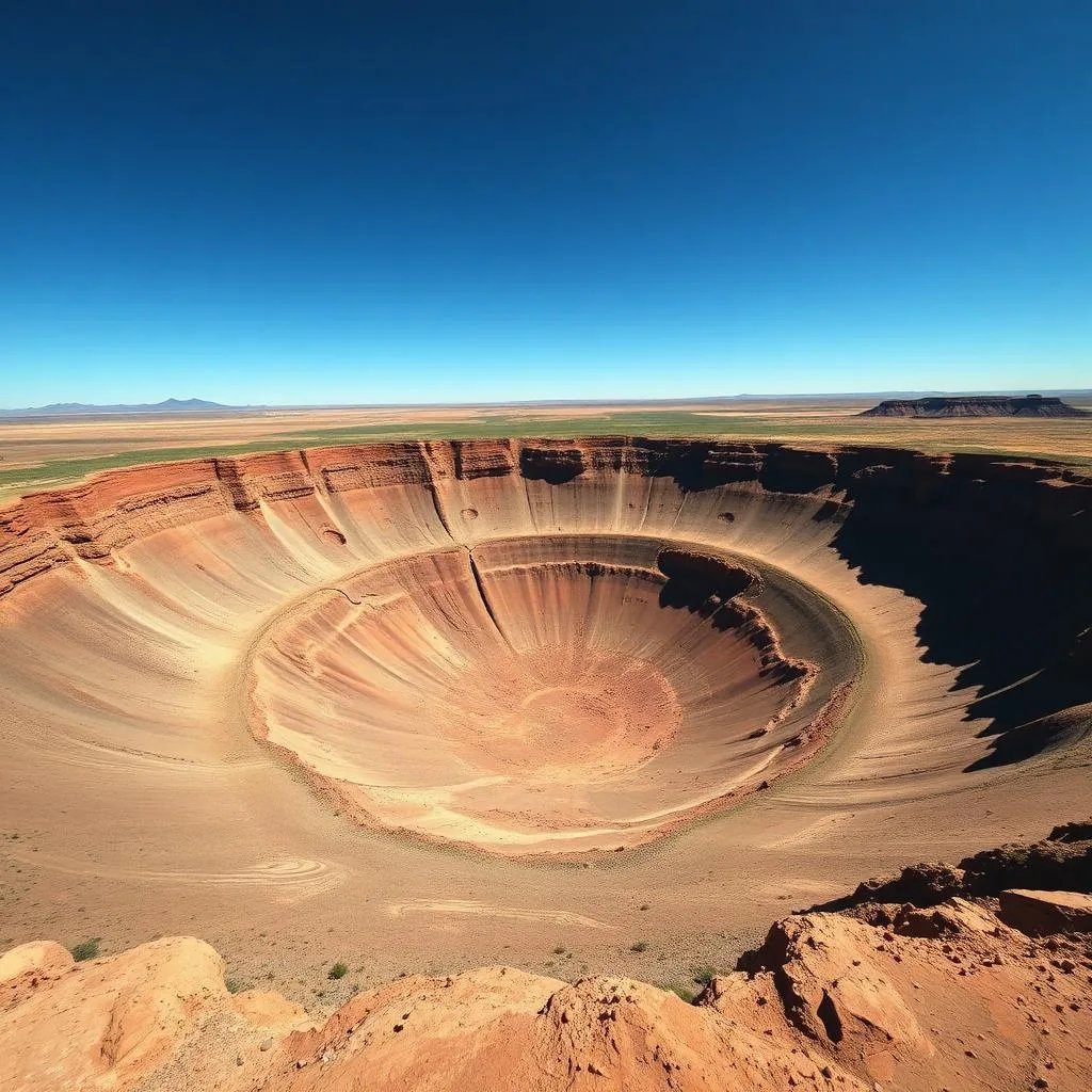 View into Meteor Crater Arizona showing the bowl of the impact crater from the rim