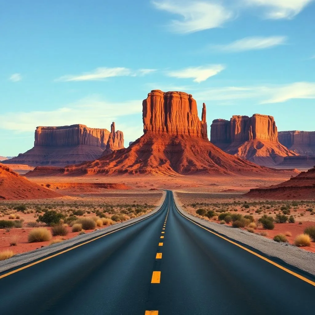 Red sandstone mesas and buttes of Monument Valley rising from desert floor with empty highway in foreground