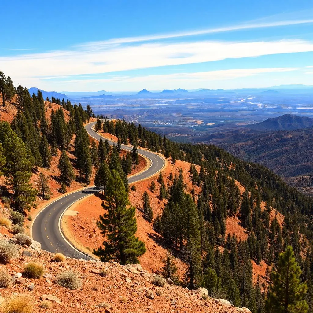 Winding mountain road climbing through ponderosa pines and red rock on Mount Graham above the desert valley in southeast Arizona