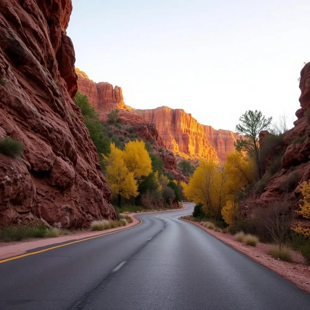 Winding scenic road through red rock canyon walls and yellow autumn cottonwood trees in Oak Creek Canyon