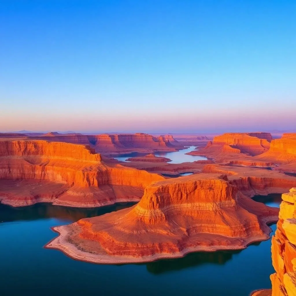 Sweeping view of Lake Powell turquoise water winding through red sandstone mesas at golden hour near Page Arizona