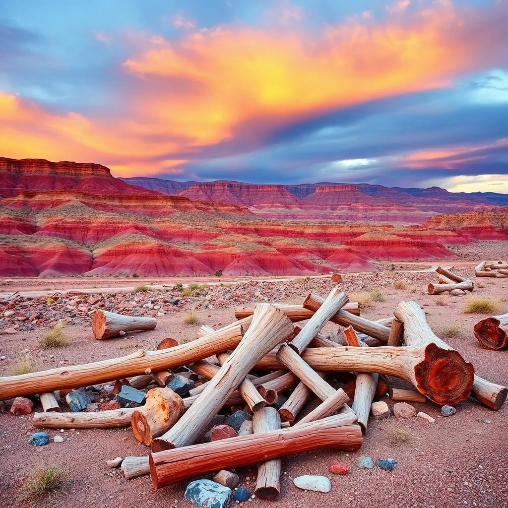 Colorful petrified wood logs scattered across the painted desert badlands with purple and red banded hills in Petrified Forest National Park