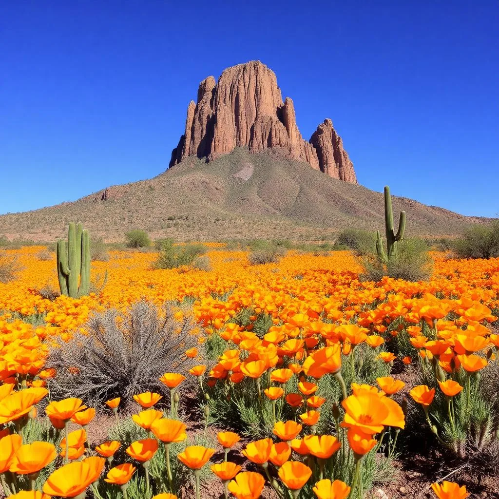 Picacho Peak rising above a field of orange Mexican gold poppies under a blue Arizona sky