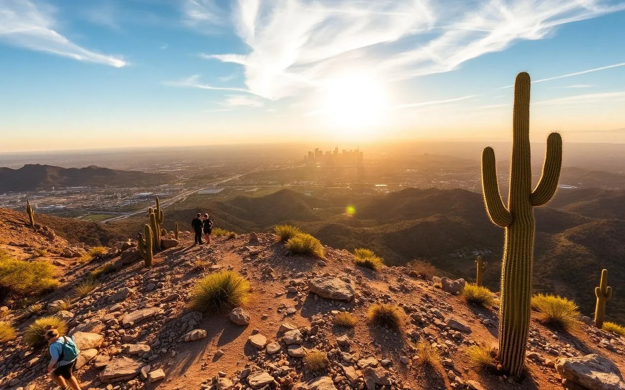 Hikers on Piestewa Peak in the Phoenix Mountain Preserve, with the Phoenix skyline behind them