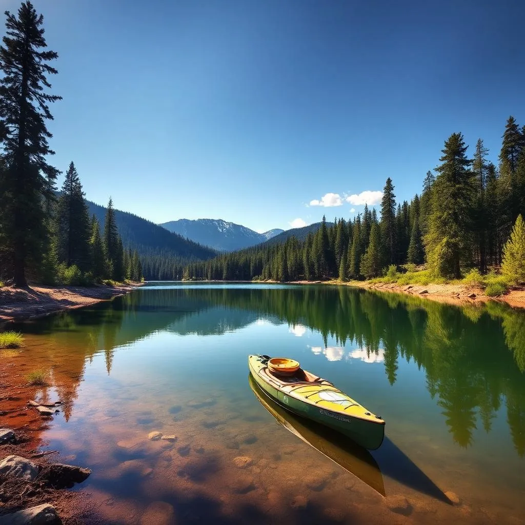 Kayak on the shore of a calm alpine lake surrounded by tall ponderosa pines under blue sky in Pinetop Arizona