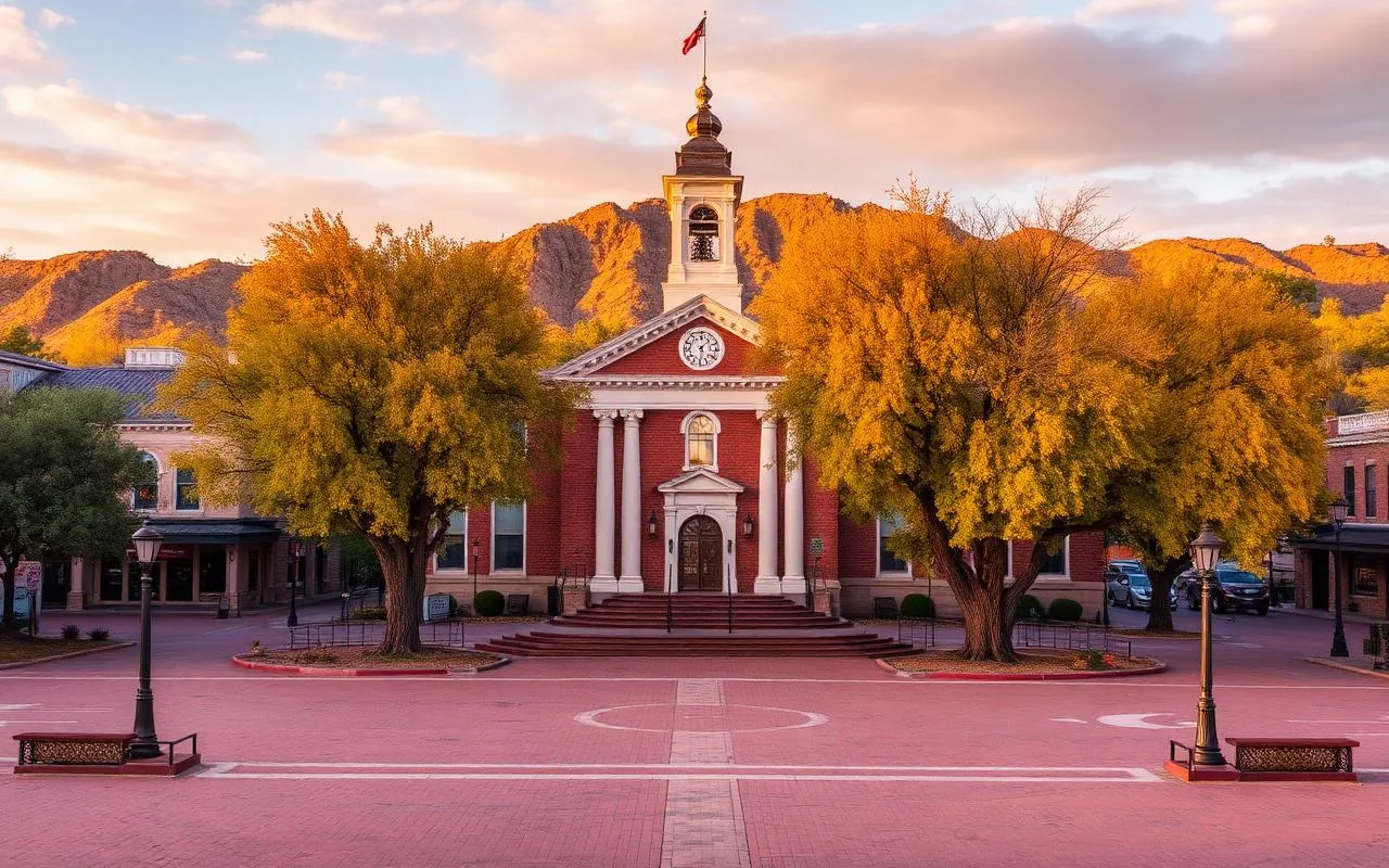 Historic Prescott Arizona courthouse square with golden fall trees at sunset