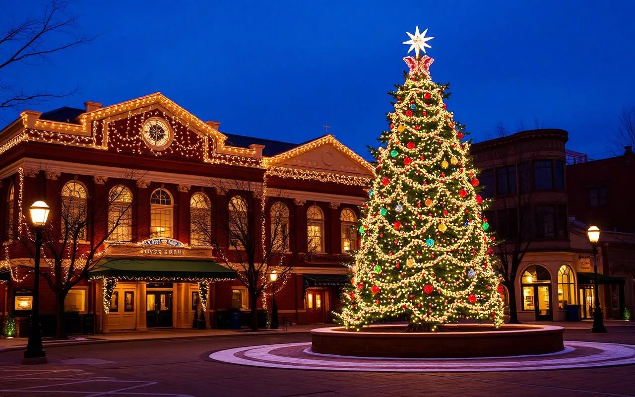 Historic Prescott courthouse plaza covered in Christmas lights with a tall lit tree at blue hour