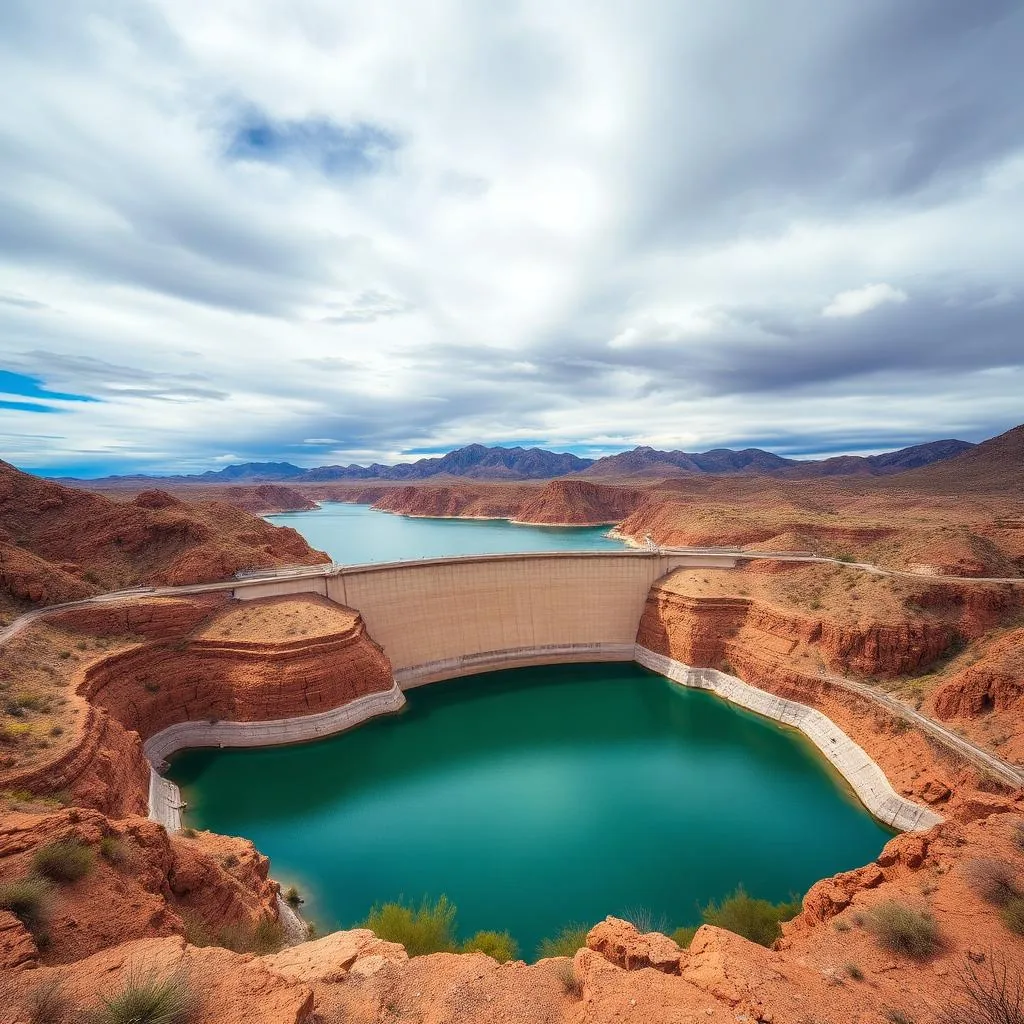 Theodore Roosevelt Dam arching across a desert canyon with the turquoise reservoir behind