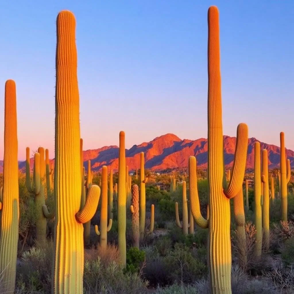 Forest of giant saguaro cacti at sunset in Saguaro National Park with the Catalina Mountains in the background