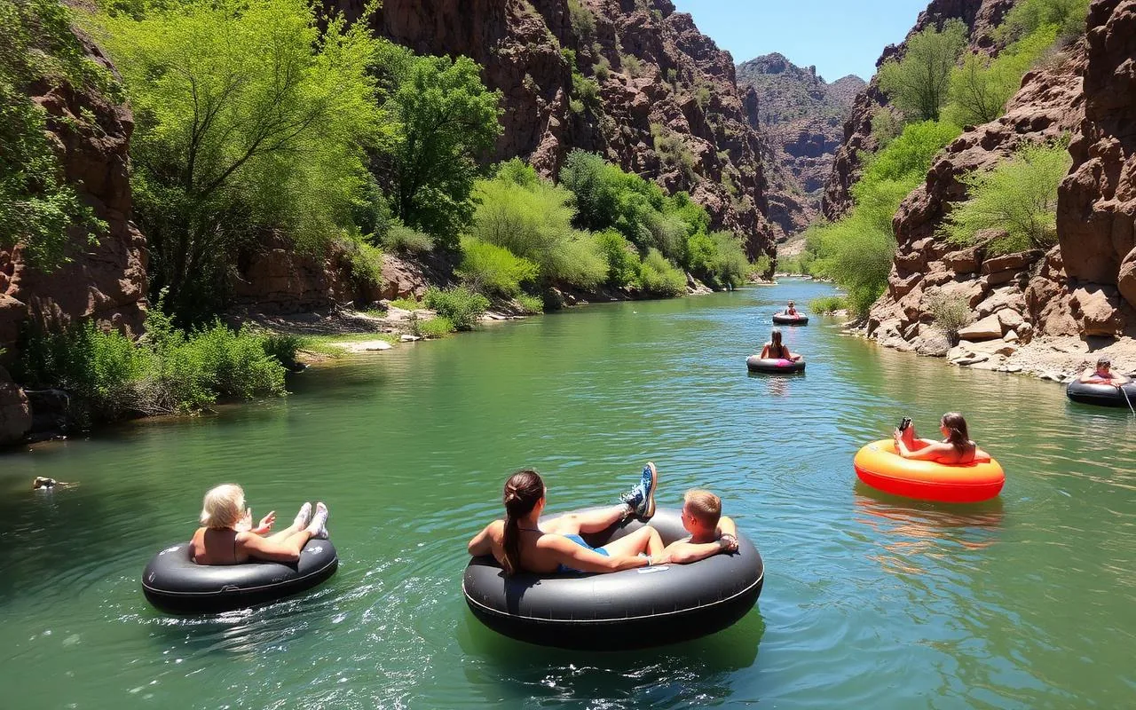 Group of friends floating in tubes down the green Salt River in Arizona
