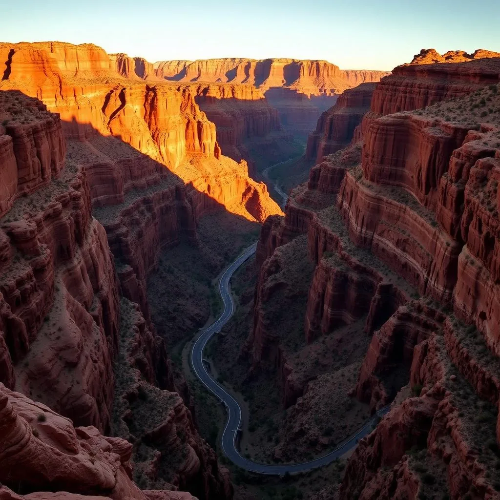 Switchback highway descending into the deep red Salt River Canyon in Arizona at sunset