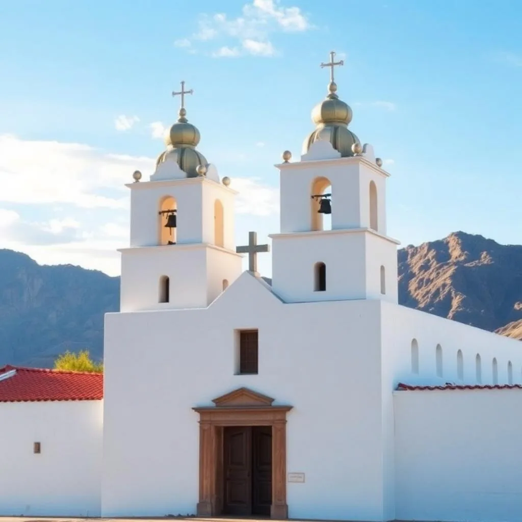 Bright white Spanish colonial Mission San Xavier del Bac with twin bell towers under blue sky outside Tucson Arizona