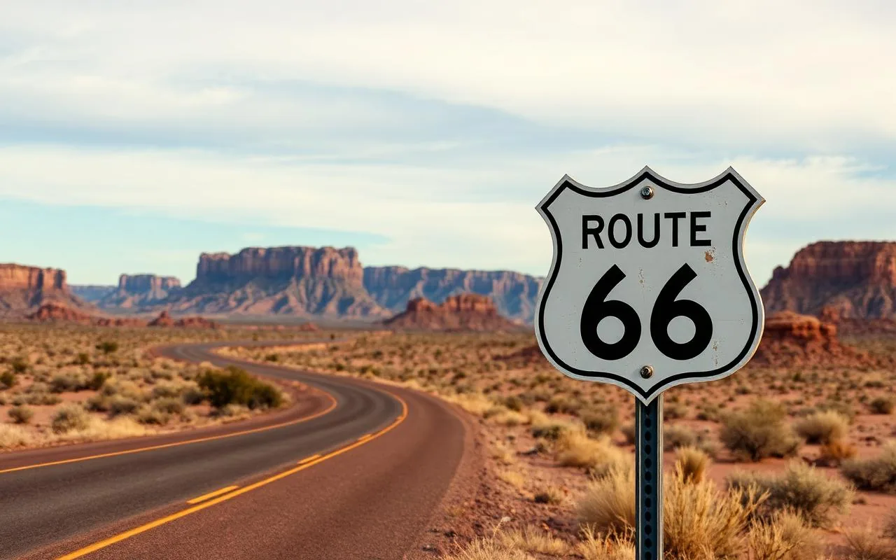 Route 66 sign with desert backdrop and winding Arizona highway