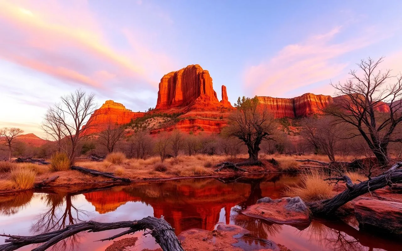 Cathedral Rock Sedona reflected in Oak Creek at sunset with vivid red glow