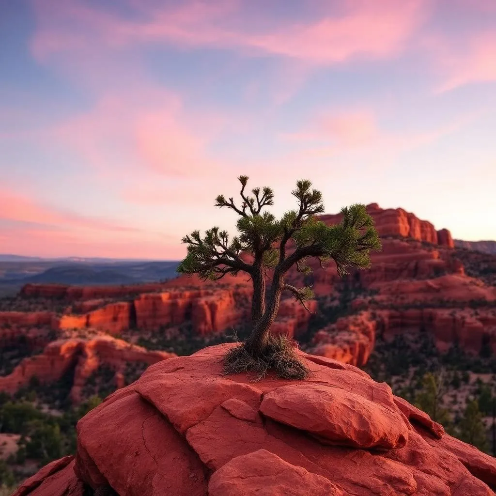 Twisted juniper tree on red sandstone above sweeping Sedona red rock canyon at pink sunrise