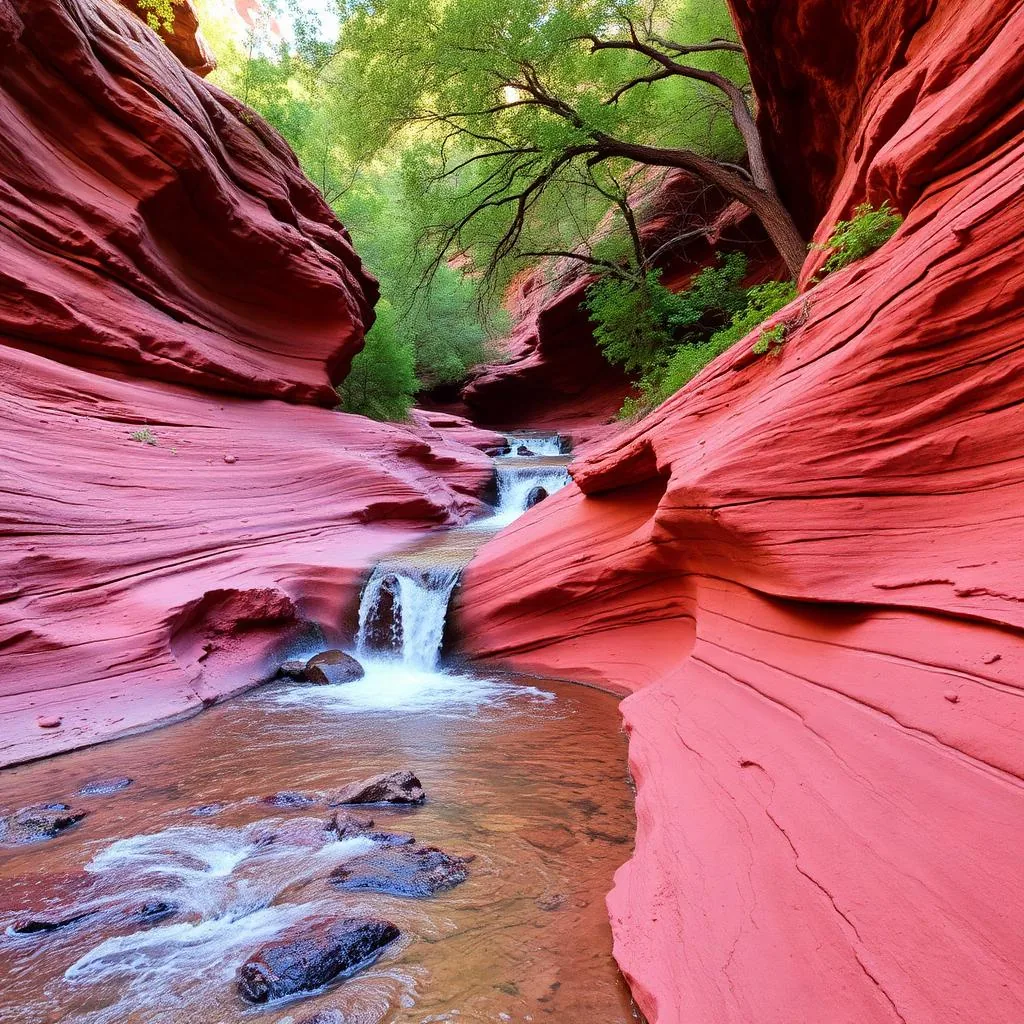 Red sandstone chutes of Slide Rock State Park with Oak Creek flowing through and sycamores overhead